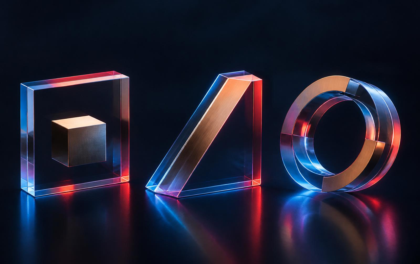 Three glass geometric forms, representing Sybl's connected disciplines